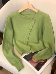 New Design Women Green Sweater Slash Neck Autumn Winter Long Sleeve  Basic Cardigan Soft Fashion Knitted Jumper 2000s Aesthetic