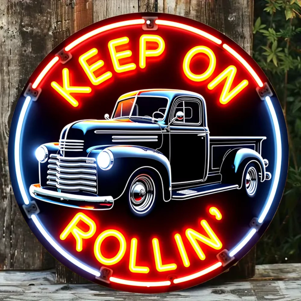 

Exclusive "Keep On Rollin'" Truck Art Metal Sign in Vintage Neon Style - No Power, Ideal for Cafes, Easy to Hang