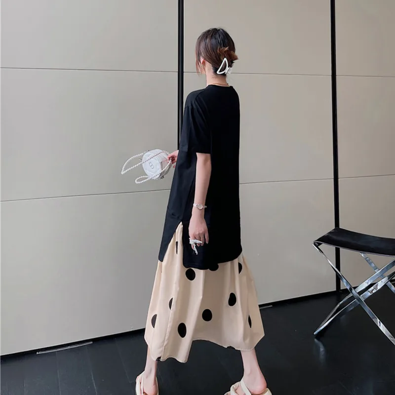 #6117 Summer Black Split Joint T Shirt Dress Women Polka Dot False Two Piece Midi Dress Short Sleeve Loose V-neck Streetwear