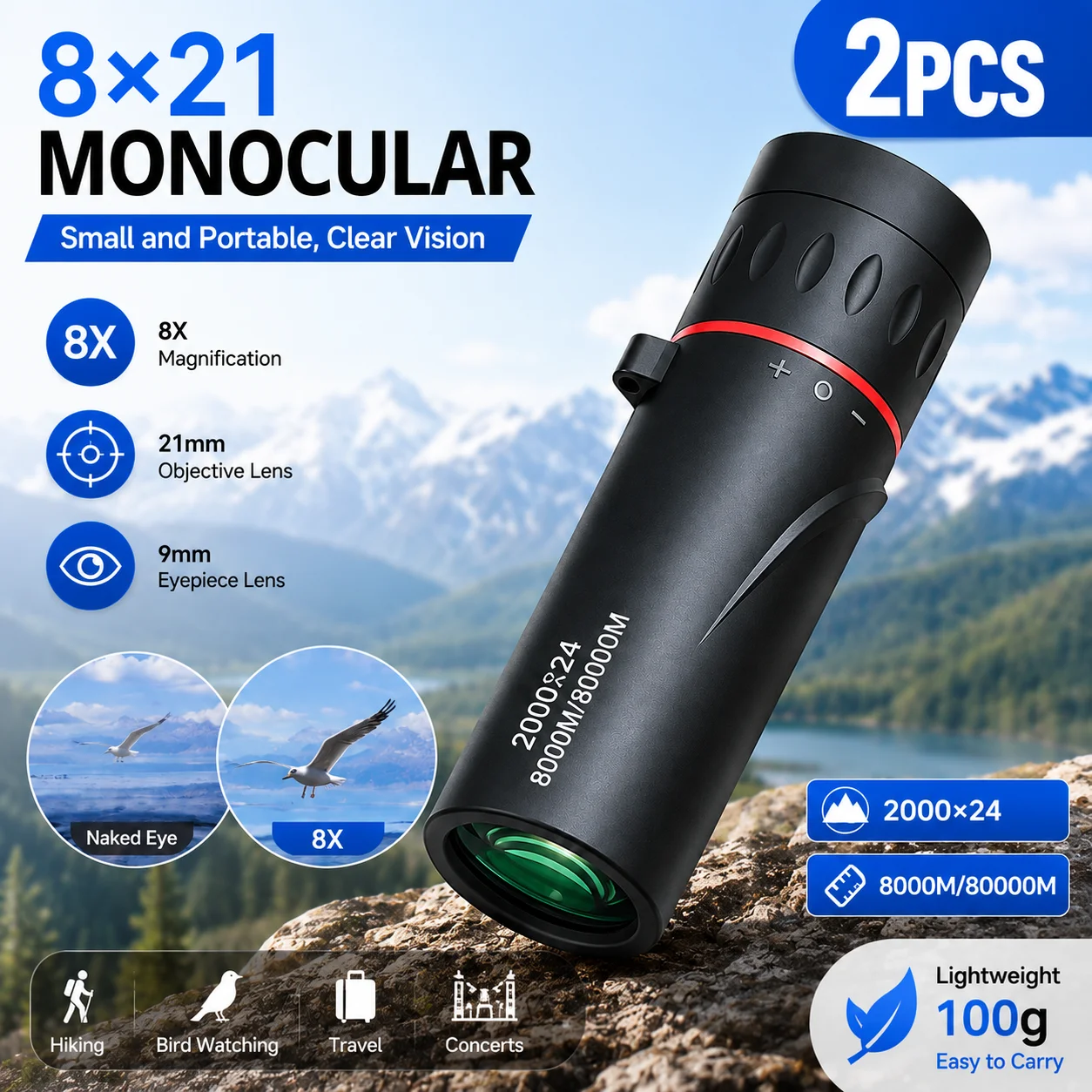 Telescopio monocular 8x21, 2 uds., telescopio de bolsillo portátil, lente objetivo de 21mm, visor ligero para viajes al aire libre
