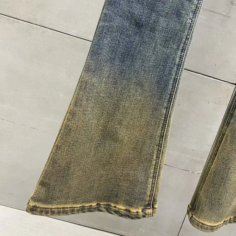 Damskie jeansy patchworkowe, spodnie dzwony barwione metodą fade-dye, wysokiej jakości pogrubione spodnie slim-fit, 2025, zima, nowość, Y2K