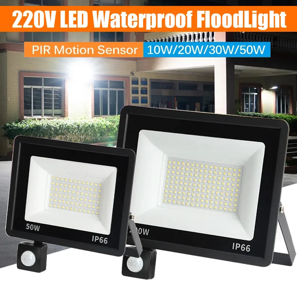 Reflector LED con Sensor de movimiento PIR para exteriores, foco impermeable IP66 para jardín, cuadrado, CA 220V, 200W, 150W, 100W, 50W, 30W, 20W, 10W