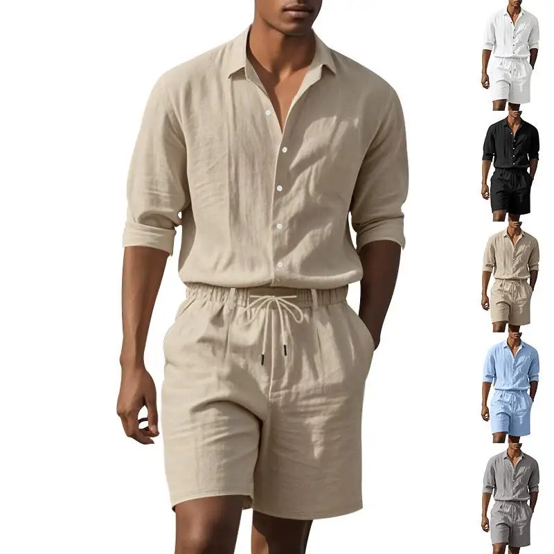 

Men's Linen Suit Summer Beach Long Sleeve Shirt Shorts Casual Sportswear Autumn Collection Seven-Quarter Length Shorts
