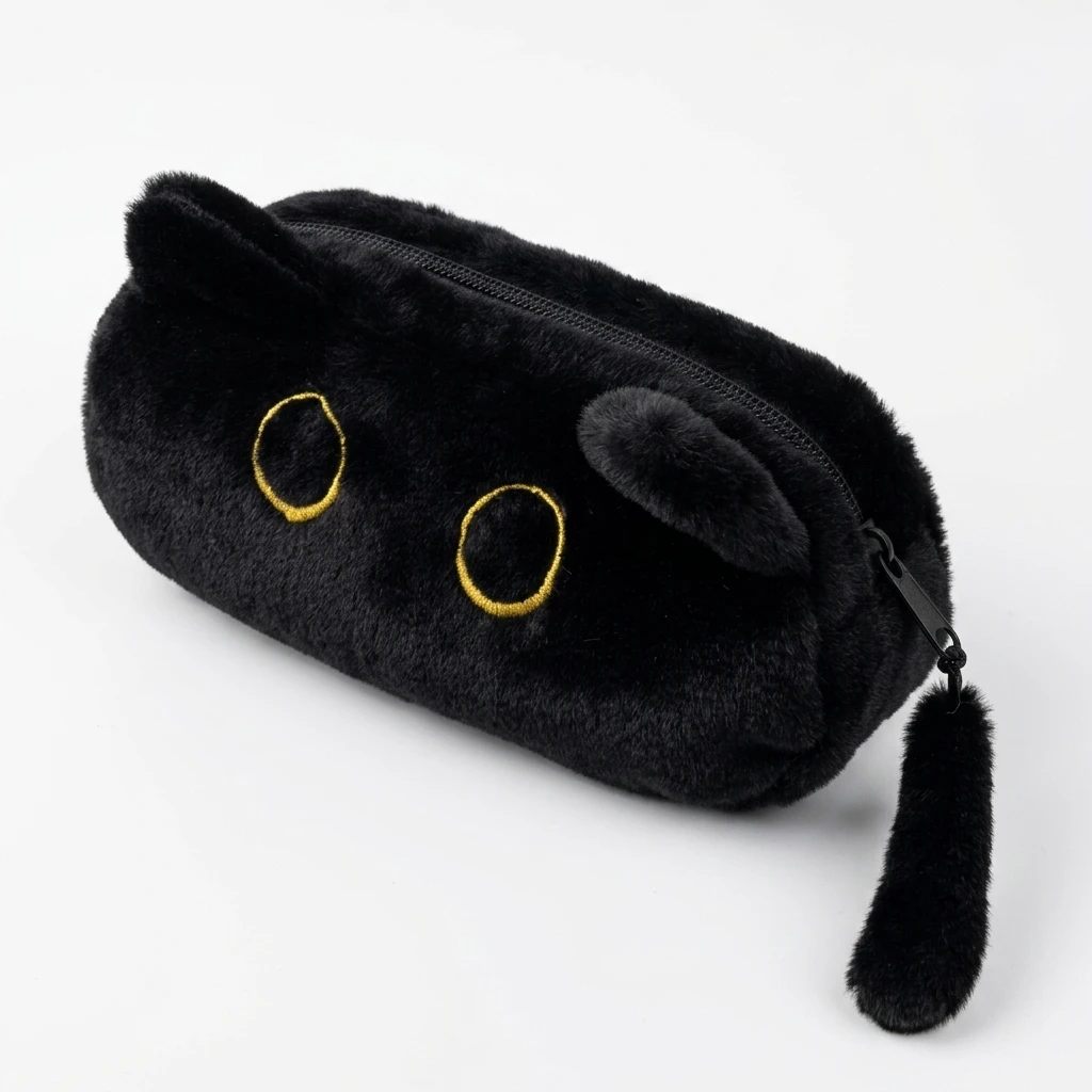 Pen Bag Large Capacity Cute Black Cat Plush Cartoon Stationery Pencil Case Cute Storage Bag Supplies Student Back To School Gift