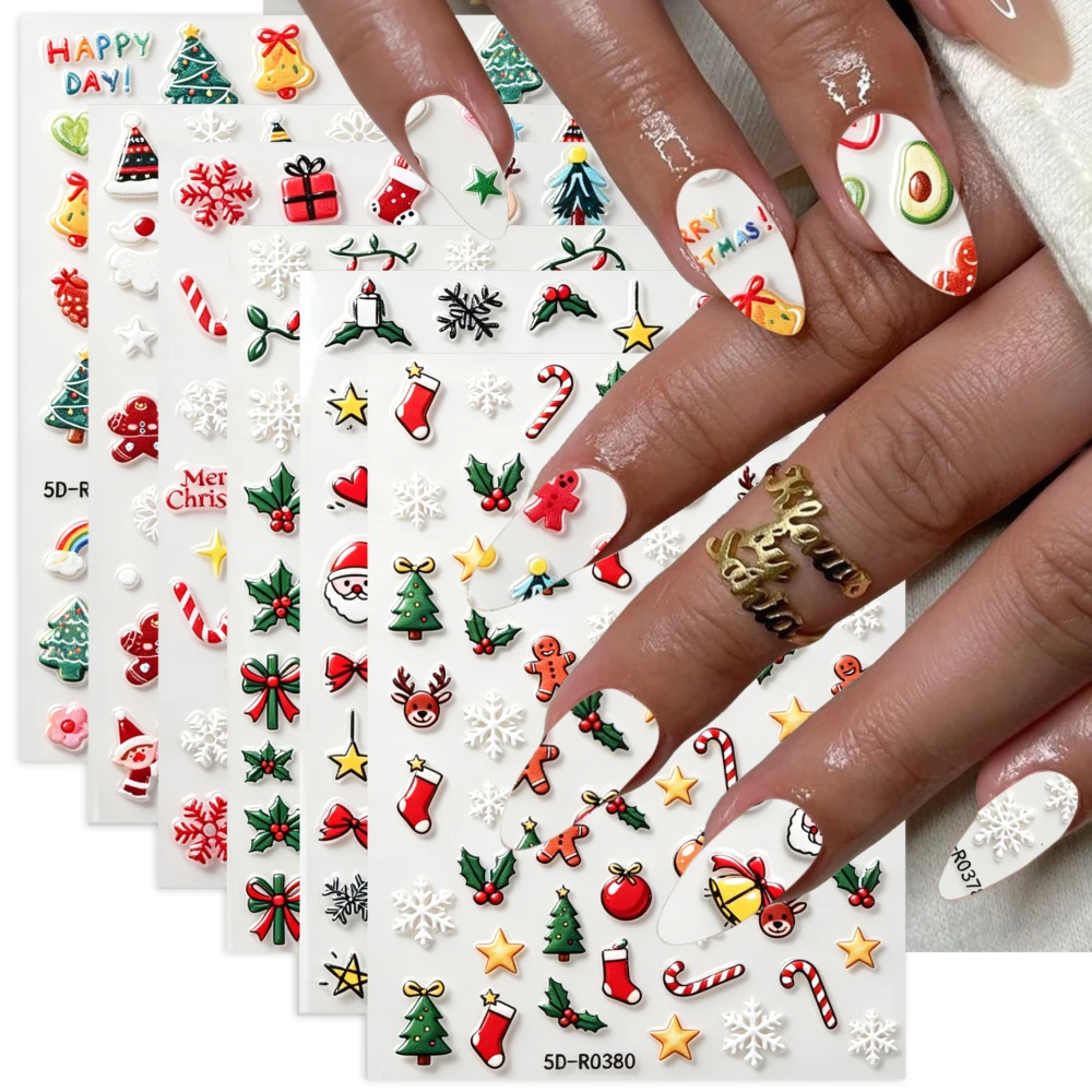 6Pcs 5D Snowflake Elk Holly Christmas Nail Stickers Santa Xmas Tree Gingerbread Bell Nails Decals for Winter Manicure Decoration