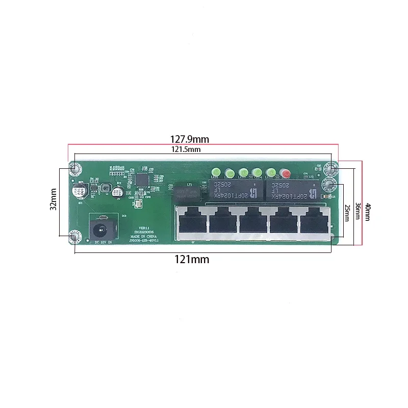 Ethernet Network Ethernet Switch, entrada de energia industrial, temperatura-40 a 75 ℃, 5 portas, 10 m, 100m, 5V, 12V