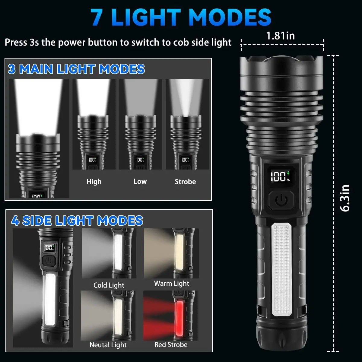 4Pack High Lumens 9900FL Rechargeable Flashlight with LCD Display, 7-Mode COB Tactical Light
