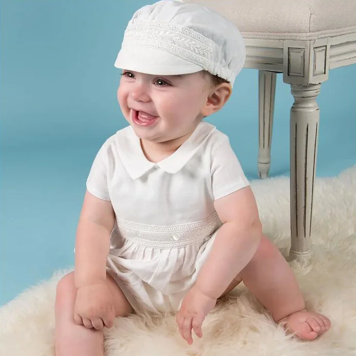 0-24M Party Wear Baby Boy Romper & Hat Baby Girl Clothing Set Summer Fashion Baby Boy Baptism Lace Christening Clothes RBF184011