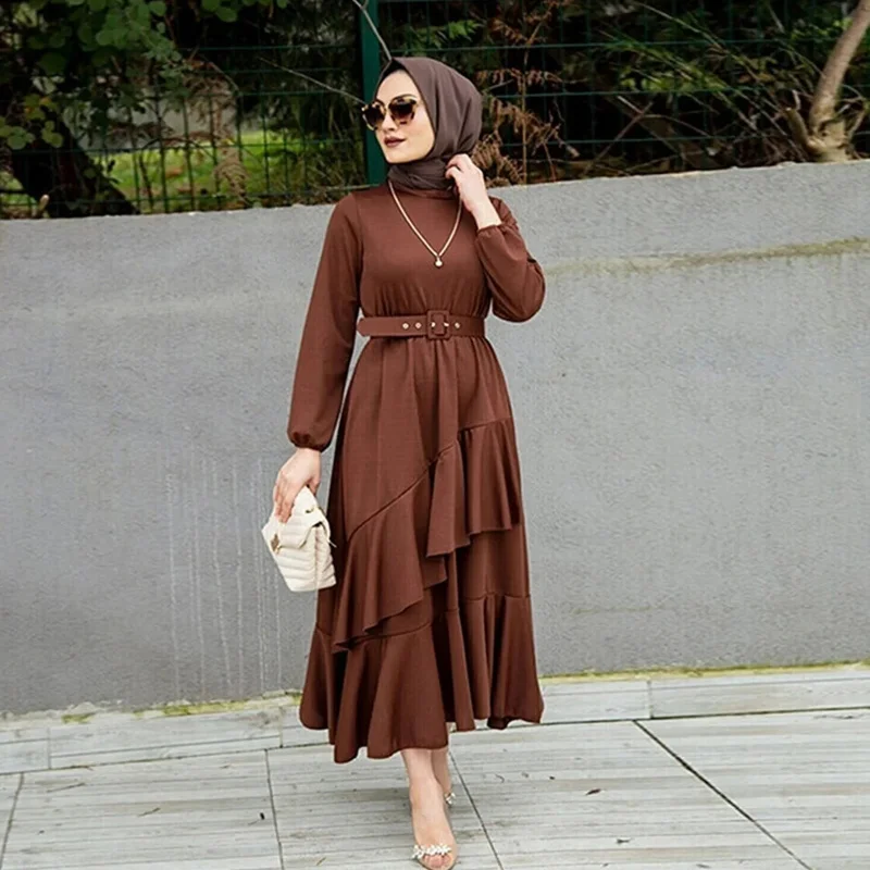 2025 2207 #   Middle East Women's Clothes Hot-Selling Muslim Double-Layer Ruffled Tunic Robe Dress