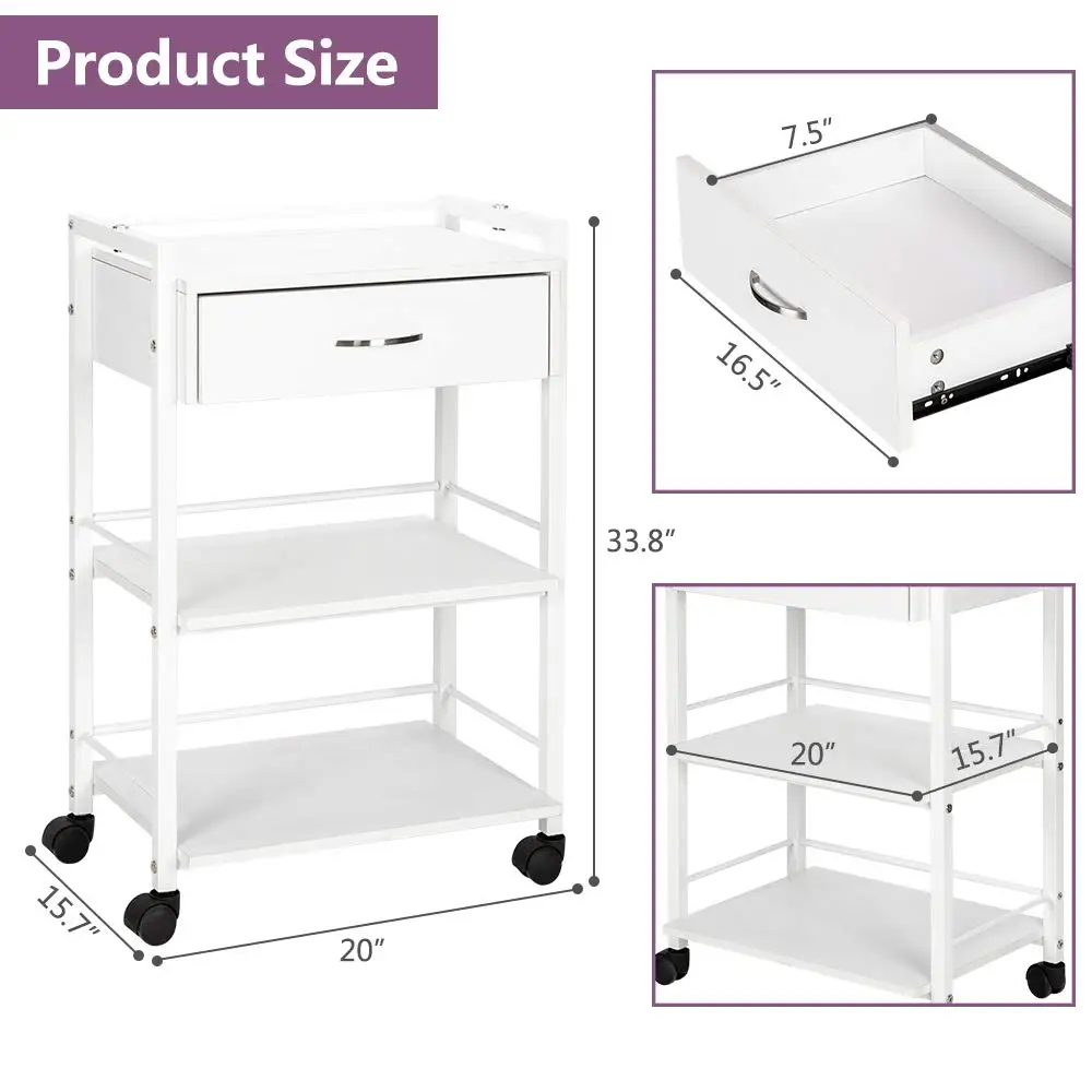 Salon Trolley Cart Wheels Wooden Rolling Storage Station Mobile Utility Cabinet Drawer Trays Medical Esthetic Supply Beauty Spa