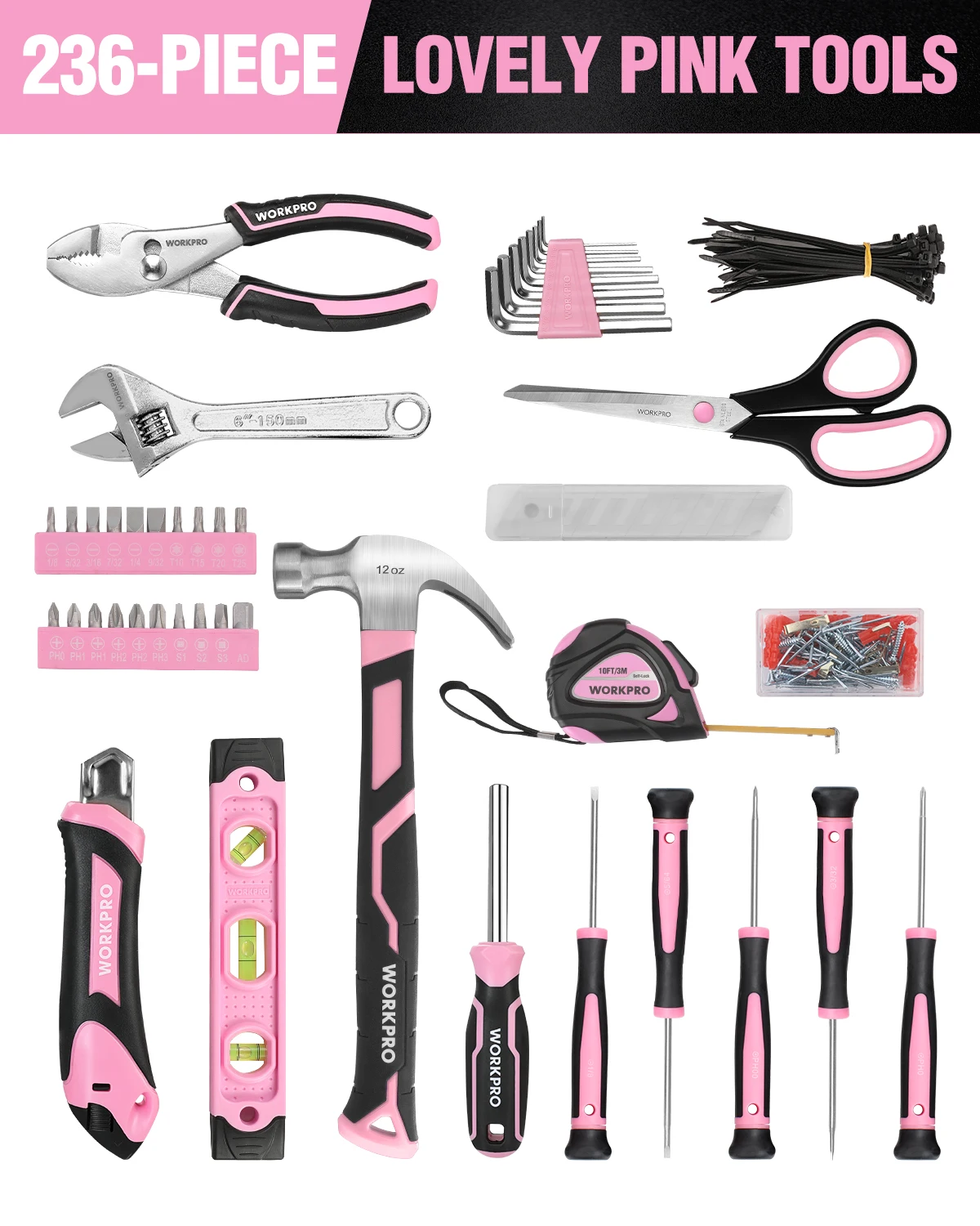 

WORKPRO Pink Tool Kit - 236 Pieces Pink Tool Set with Easy Carrying Round Pouch, Household Tool Kit Perfect for DIY, Home Mainte