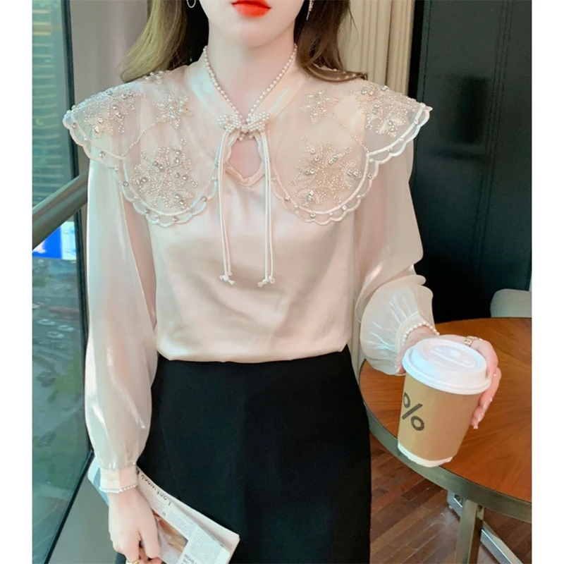 Spring Autumn Stand Collar Vintage Beading Diamons Elegant Fashion Shirt Ladies Long Sleeve 3D Embroidery Satin Blouse Top Women