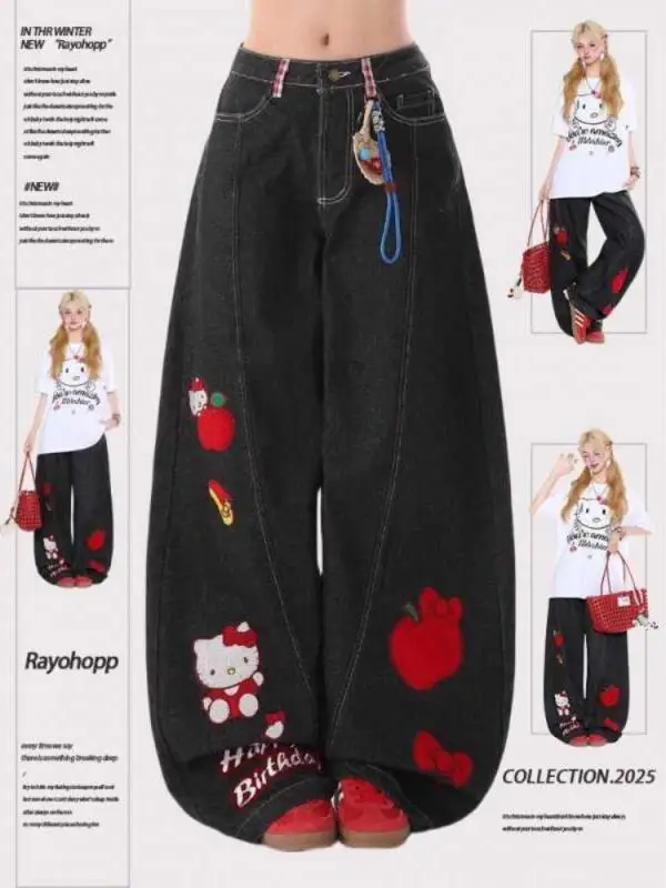 กางเกงยีนส์ทรงคาวบอยปักลายเฮลโลคิตตี้สไตล์เรโทรสุดฮิตประจำปี 2025 ดีไซน์ซานริโอสำหรับผู้หญิง ใส่ได้ทุกฤดู ทรงหลวมขากว้าง