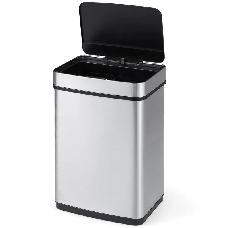 

16 Gallon Trash Can Infrared Motion Sensor Garbage Can with Dual Compartments-Silver