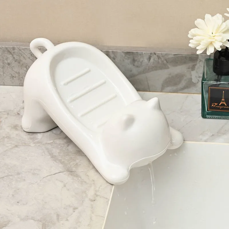 1Pc Cute Stretching Cat Shaped Plastic Soap Dish Drainable Soap Holder For Bathroom Kitchen Storage
