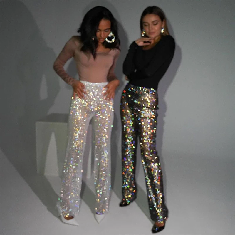 Sparkly Rhinestone Sexy See Through Y2K Nightclub Party Trousers Crystal Diamond Full Length Wide Leg Disco Full Length Pants