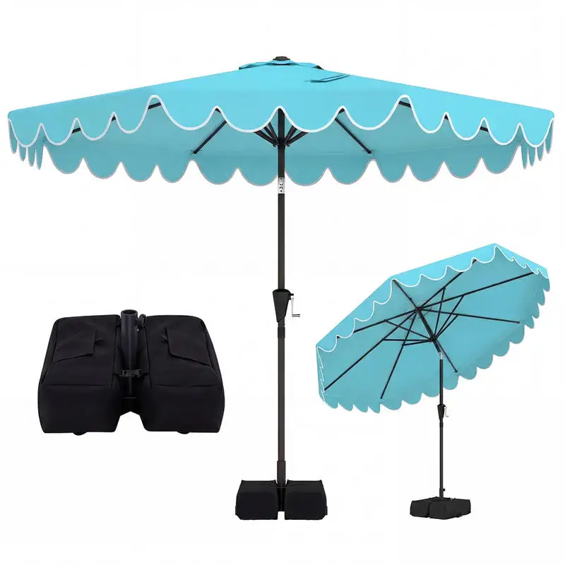 10 Ft Patio Umbrella, Double Tier Polyester Canopy With Heavy Duty Metal Ribs, Crank Tilt Mechanism, Includes Weighted Base And Sandbags, Outdoor Sun Shade For Deck Poolside Restaurant, Turquoise