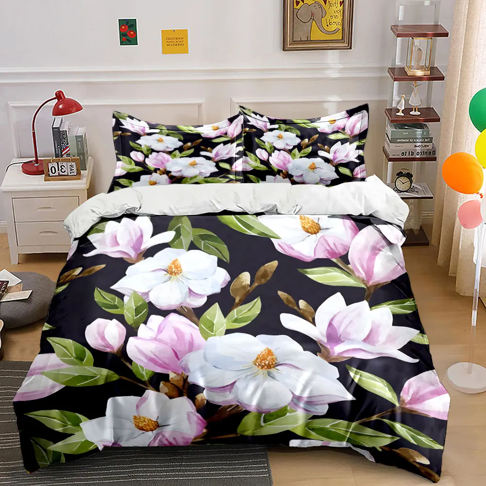 White and pink flowers with green leaves Pattern Duvet Cover Set Digital Print Colorful Polyester Bedding with Zipper Closur