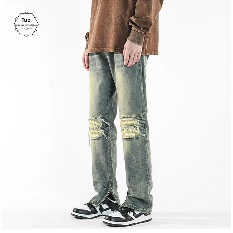 

Men's Spring Street Sle Dirt Dyed Hole Denim Jeans Trendy High Waist Straight Leg Long Pants Cotton Polyester Blend