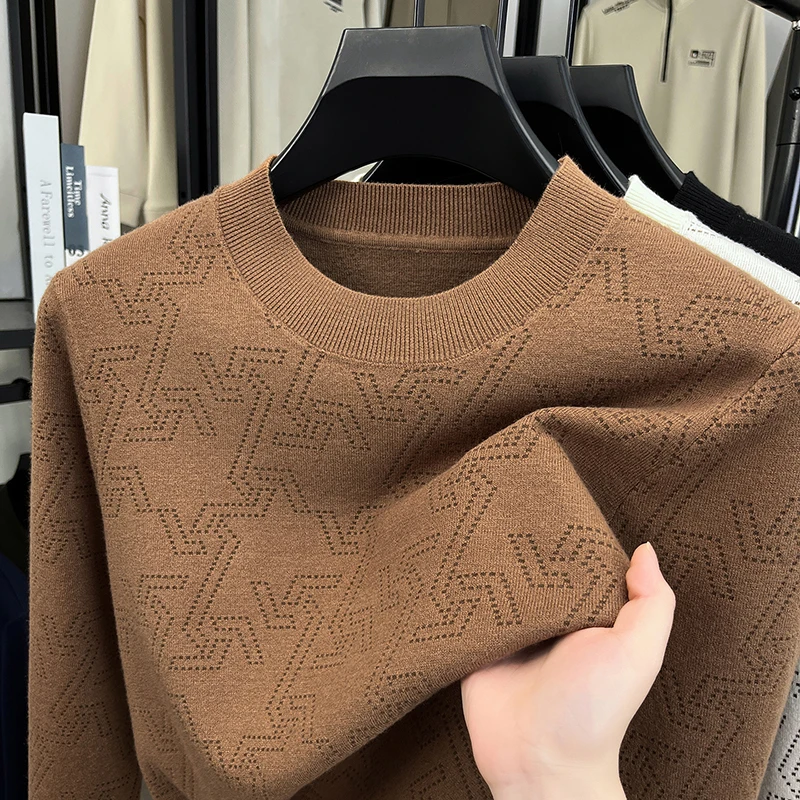 Men's Luxury Knitted Sweater Round Neck Long Sleeve Geometric Pattern Anti Pilling Pullover Autumn Winter Fashion Casual Men's