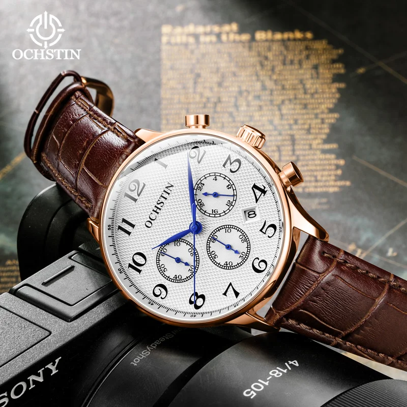 OCHSTIN New Pilot Collection Quartz Movement Watches Men's Genuine Leather Strap Wristwatch Waterproof Calendar Business Watch