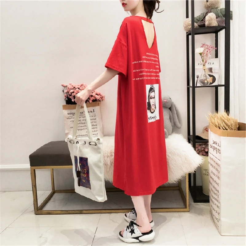 ขนาดบวกเกาหลีเซ็กซี่เปิดหลังยาวเสื้อยืดกระโปรงชุดนอนชุดเสื้อผ้าสตรีฤดูร้อนแขนสั้นชุดลําลองเปลือย