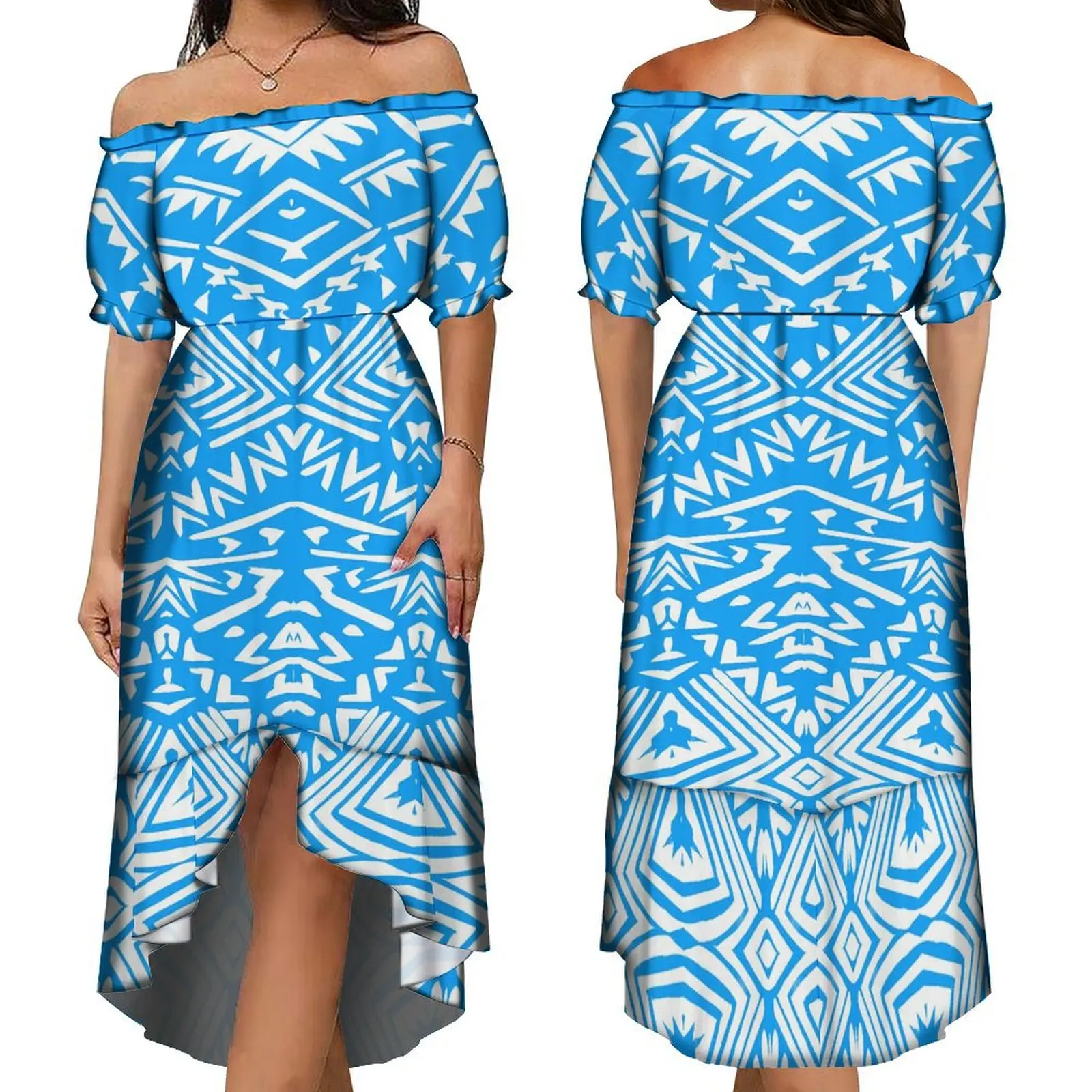 Women'S One-Shoulder Dress Temperament Summer Short Sleeve Dress Comfortable Women'S Dress Polynesian Design