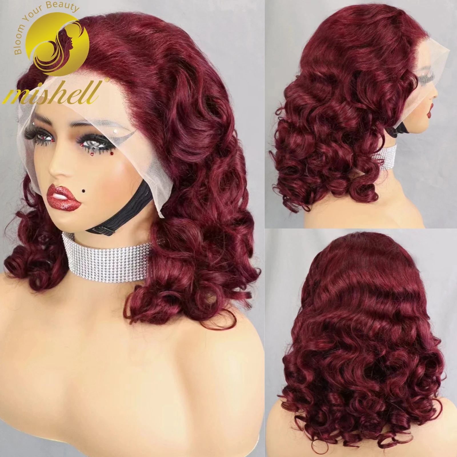 

14-24 Inch Burgundy Bouncy Curly Human Hair Wig 300% Density Brazilian Remy Hair Wig Transparent 13x4 Glueless Lace Frontal Wigs