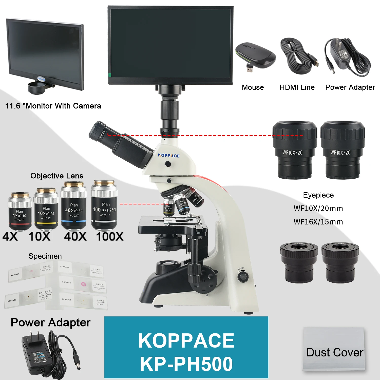 KOPPACE 40X-1600X Electron Compound Lab Microscope 2 Million Pixels 11.6-Inch All-in-One