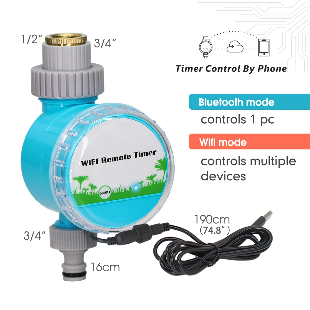 Smart WiFi Irrigation Timer Remote App Control 2.4GHz Custom Watering Modes Alexa Google Compatible USB Powered IP67 Waterproof