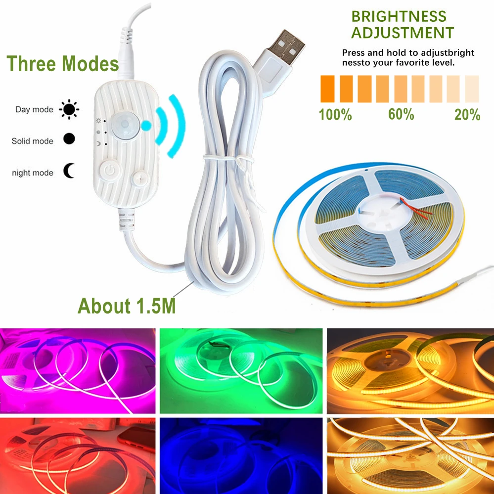 

Dimmable 5V USB Adjustable COB Light Strip Motion Sensor Induction Night Light for Bathroom, Bedroom, Bed TV Lighting Decoration
