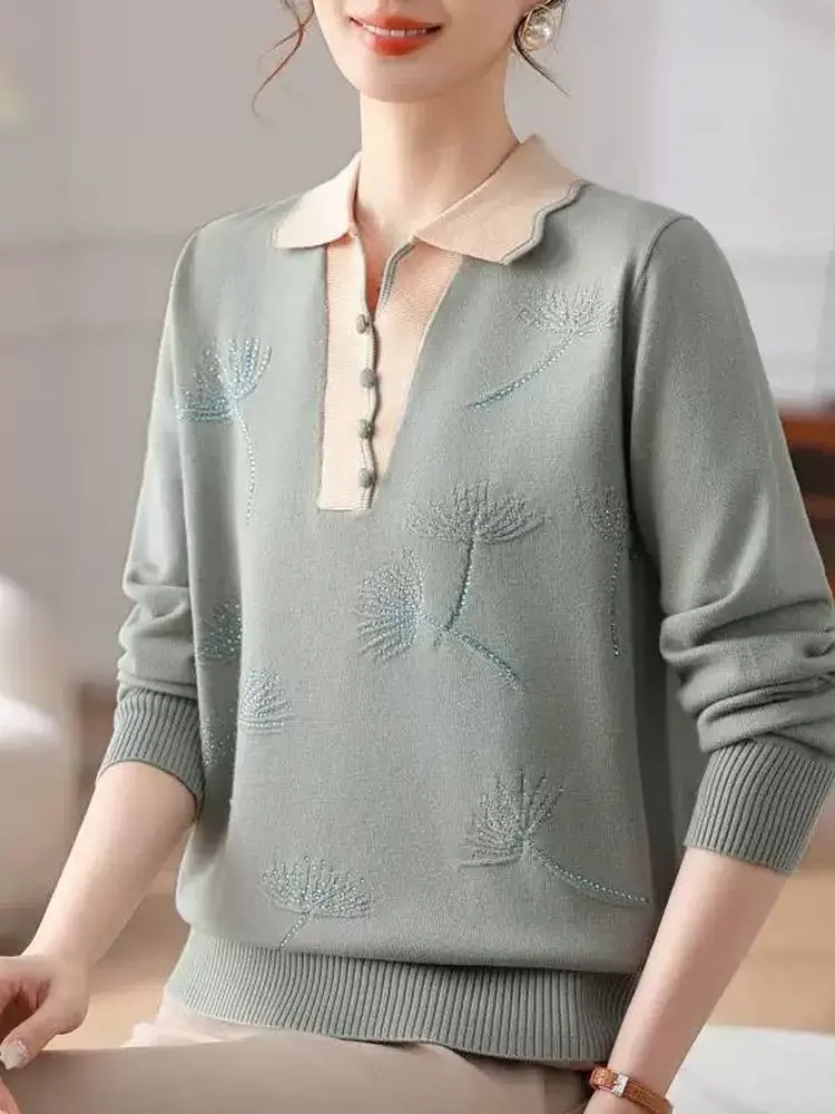 

Spring Autumn Knitted Base Layer Shirt for Women Flip Collar Inner Wear Fashionable Mid-aged And Elderly Women's Top