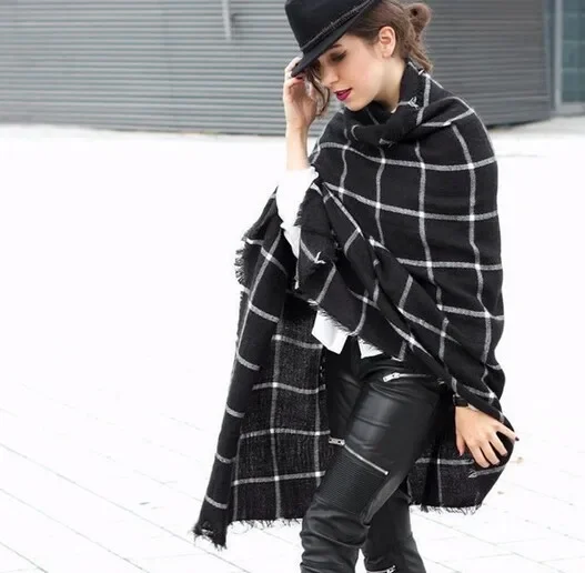 1PC 2023 195CM * 75CM New Lady Women Blanket Black White Plaid Cozy Checked Tartan Scarf Wraps Shawl