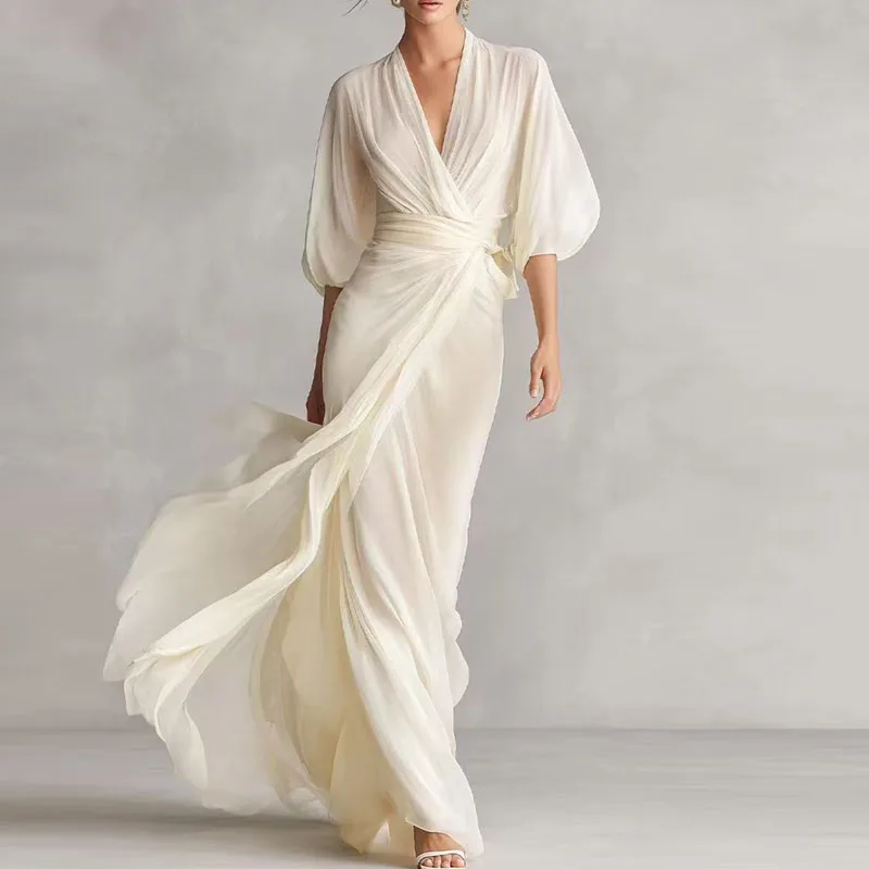 Lente Puff Half Sleeve Avondjurk Dames Elegant Diep V-hals Omgeslagen Taille Strik Flowy Maxi Jurk Zomer Vakantie Strand Lange Jurk