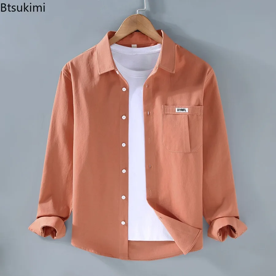 เสื้อเชิ้ตแขนยาวผ้าฝ้าย 100% สำหรับผู้ชาย สไตล์มินิมอล เรียบง่าย ลำลอง วินเทจ เสื้อคาร์โก้ สำหรับฤดูใบไม้ผลิและฤดูใบไม้ร่วง เสื้ออเนกประสงค์ เสื้อเชิ้ตผู้ชาย เสื้อโค้ท
