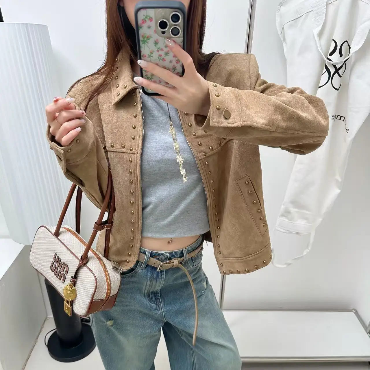 American Retro Spice Girl Rivet Motorcycle Jacket Women's Autumn Street Premium Lapel Groovy Jacket Top