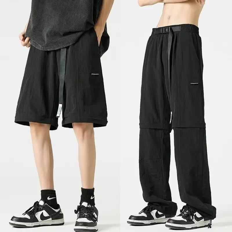 Straight Trousers Detachable Summer New Men's Patchwork Zipper Elastic Drawstring Pockets Fashion Loose Casual Two in One Pants