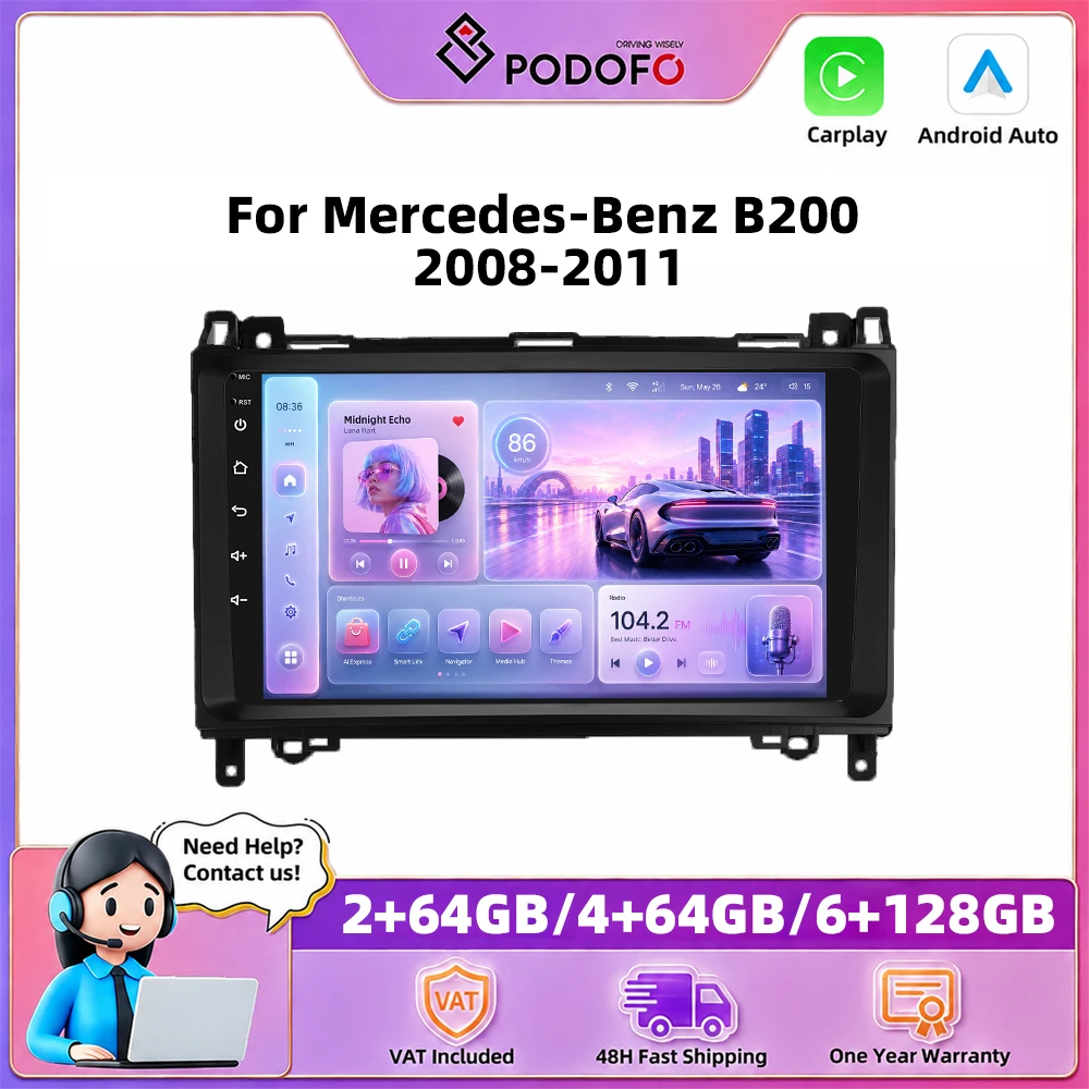 Podofo – autoradio 9 pouces pour Mercedes-Benz B200 2008-2011, Carplay sans fil, Android Auto, systèmes de voiture intelligents, navigation GPS, lecteur multimédia, MirrorLink, BT, WIFI, unité principale
