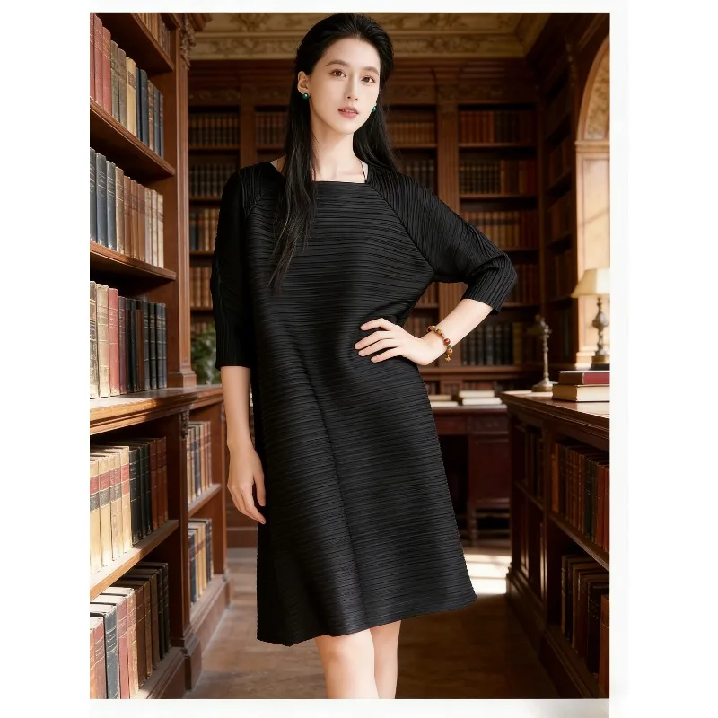 

Плиссированные платья Miyake, новинка 2026, платье принцессы с рукавами, женское весенне-летнее зеленое платье миди с круглым вырезом, дизайнерская одежда со складками