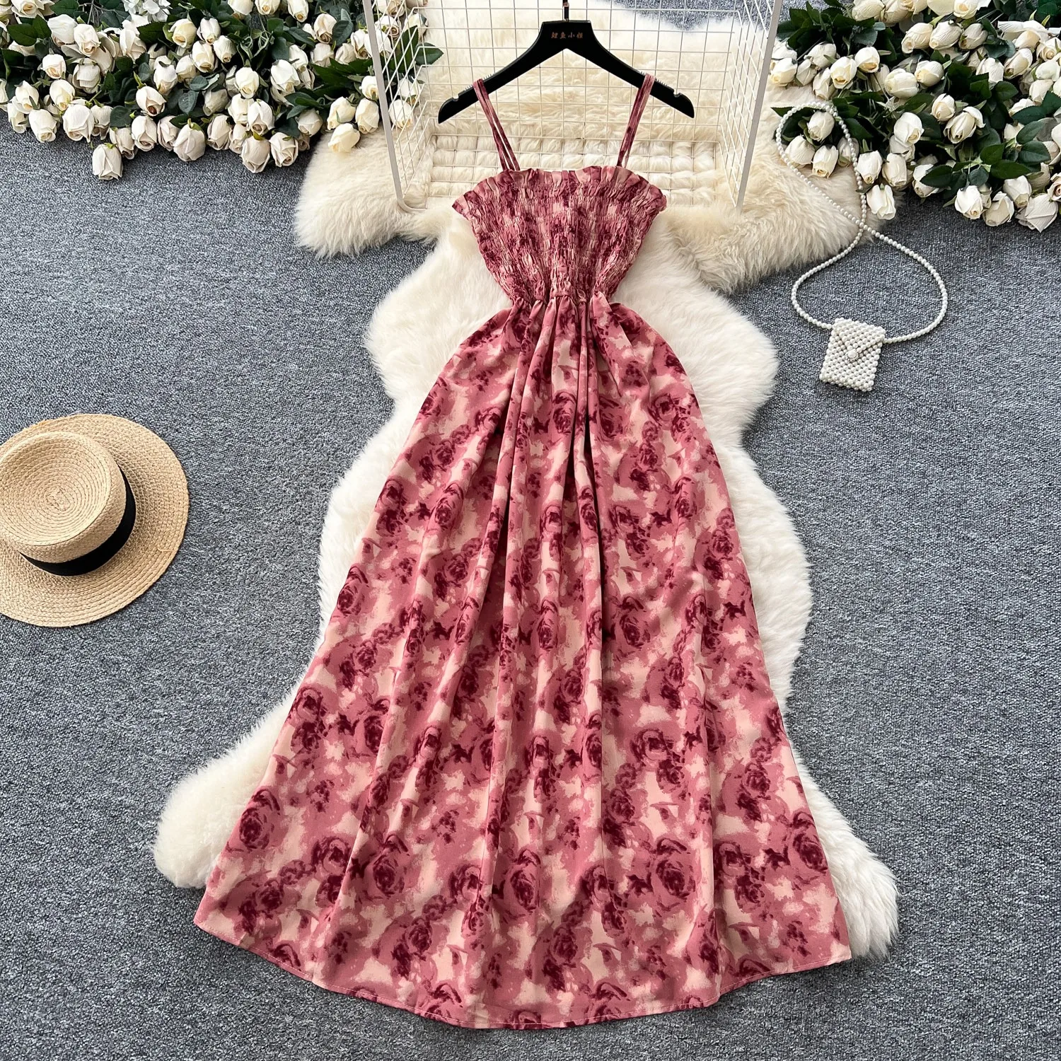 

YuooMuoo Women Dress 2026 New Summer Fashion Spaghetti Straps Print Floral Elastic Waist A-line Long Dress Korean Beach Vestido