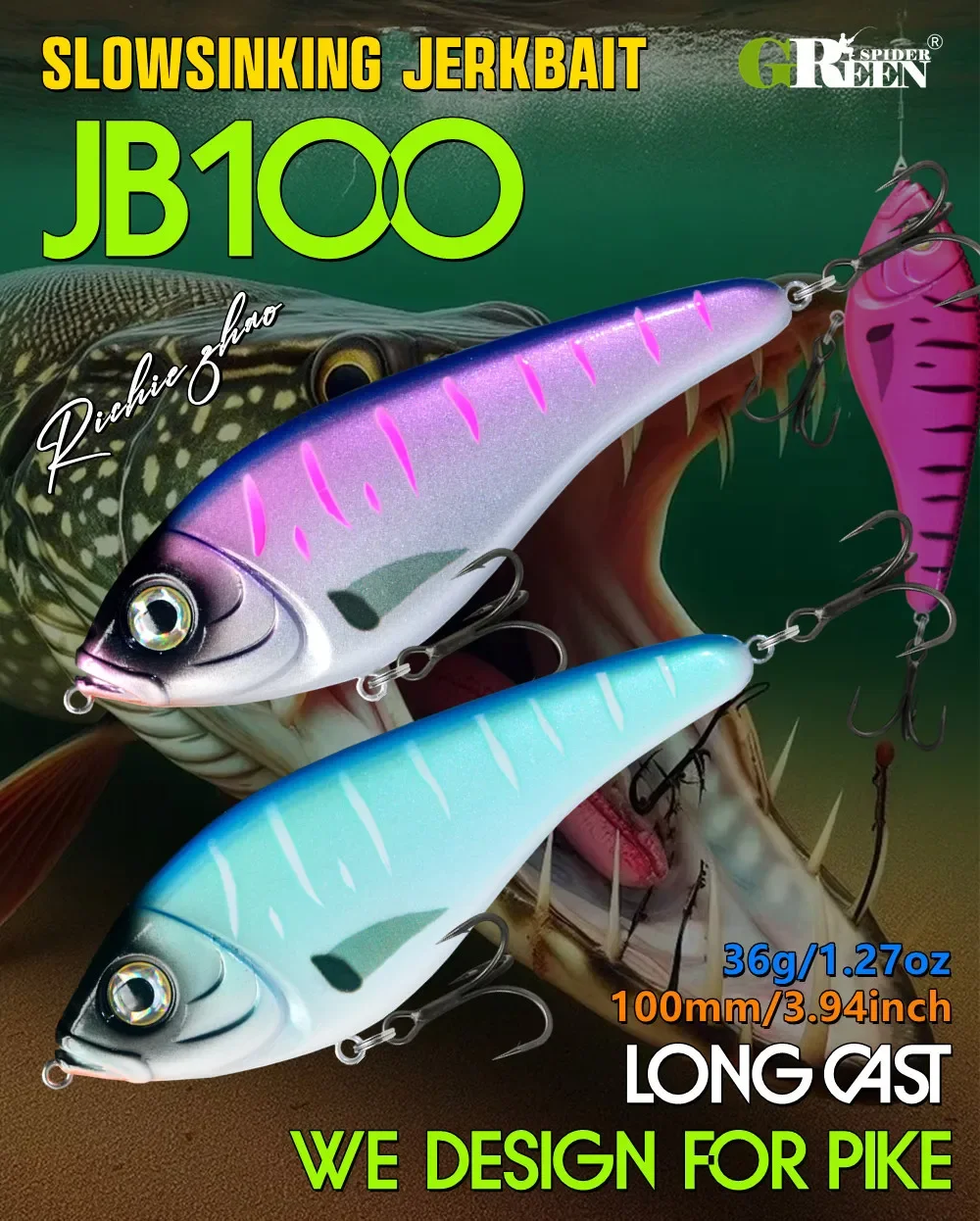 GREENSPIDER Jerkbaits Langsam sinkende Slider-Köder, 100 mm, 36 g, lauter Klang, Wobbler, Westin-Köder, Jerkbait, Angeln für Hecht, Zander – Detail 1