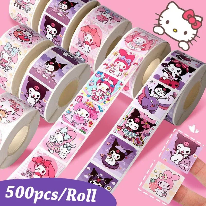 500pcs/Roll Cartoon Sanrio Stickers Kawaii Hello Kitty Kuromi Melody DIY Pvc Laptop Decals Decoration Kid Reward Gift Toy