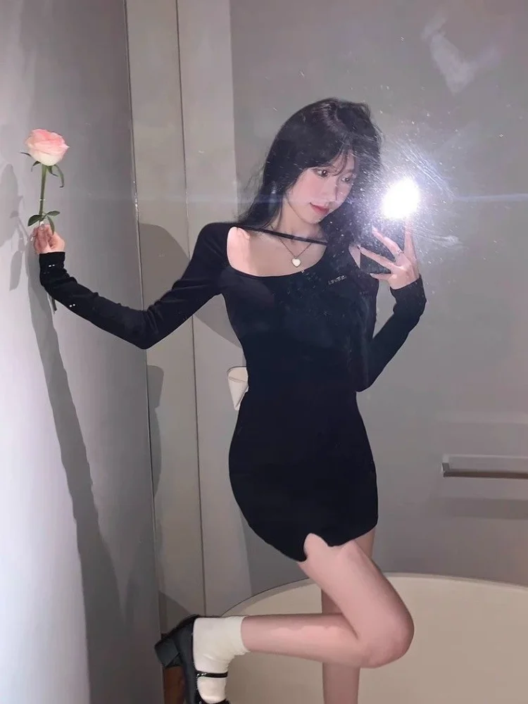 Off Shoulder Woman Long Sleeve Dress Black Short Bow Birthday Mini Dresses for Women Autumn and Winter New in Elegant Beautiful