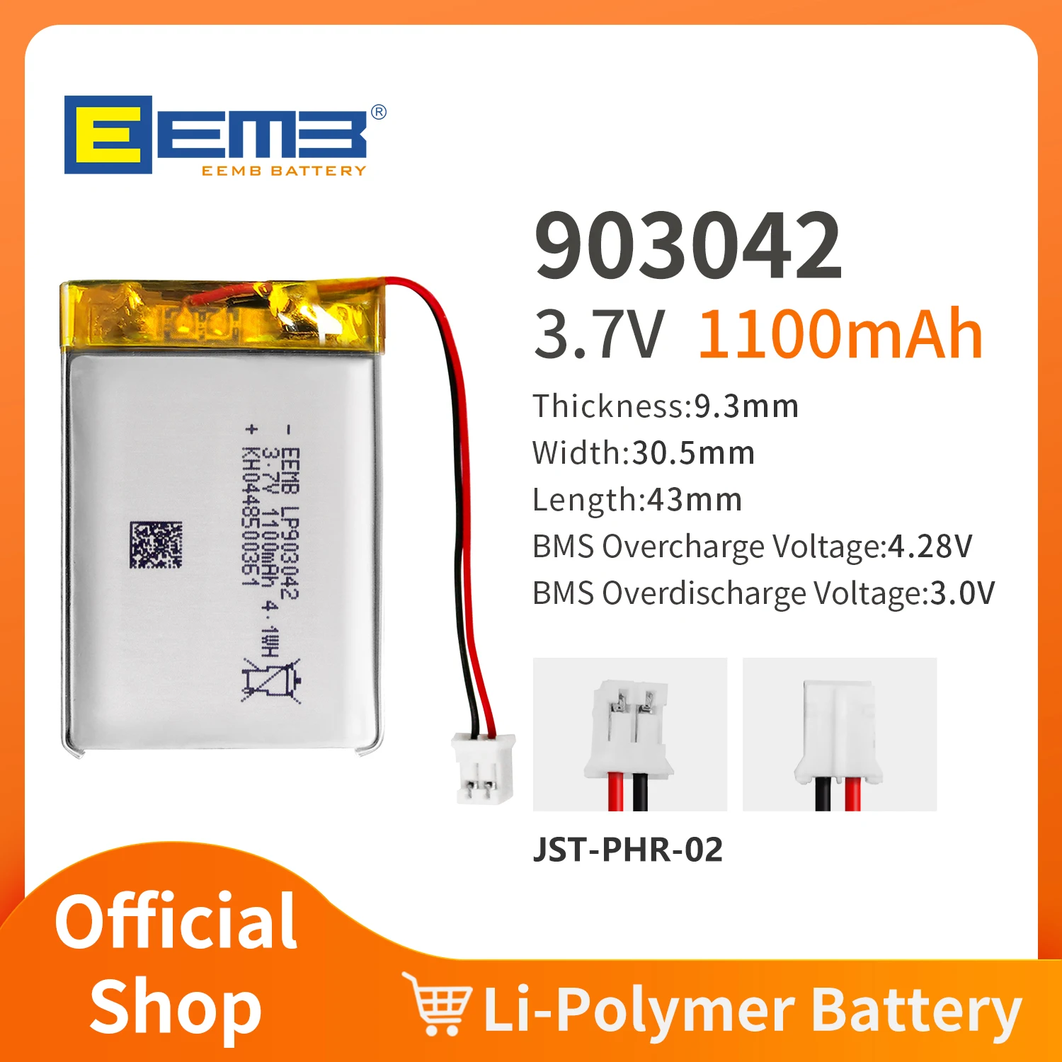 EEMB 903042/903436/903759/9051109/963450/973560 3.7V rechargeable lithium polymer battery custom plug