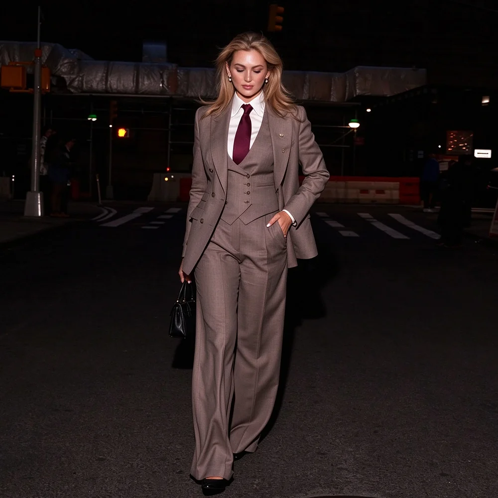 Professional Women 3 Piece Suit Double Breasted Peaked Lapel Blazer Vest Wide Leg Pants Vintage City Office Ladies Power Outfit