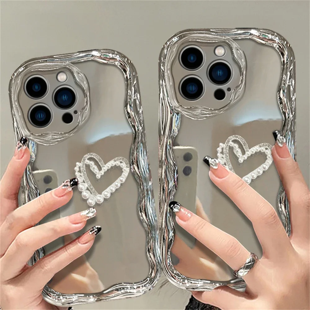 Luxury 3D Silver Pearl Heart Wavy Phone Case For iPhone 15 14 13 11 12 Pro Max Plus Mini 7 8 Plus SE 3 Soft Shockproof Cover