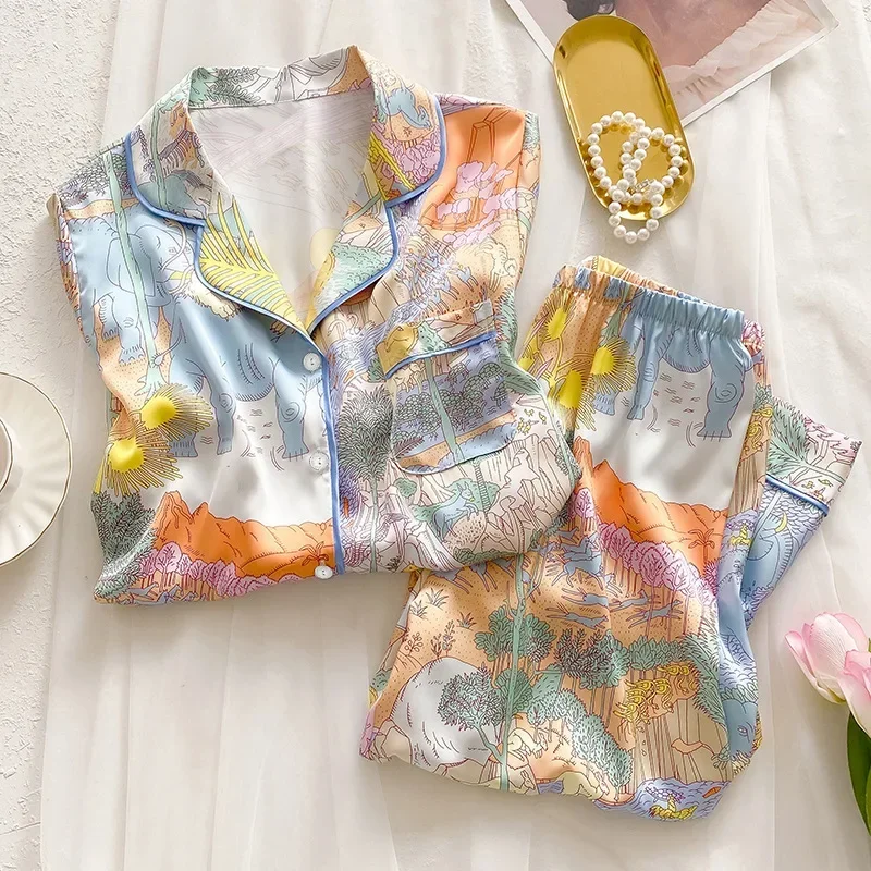 

Women's Pajamas Sets Spring Autumn 2 Piece Animal Print Pyjama Faux Silk Satin Sleepwear Long Sleeve Pijama Mujer Pjs Homewear