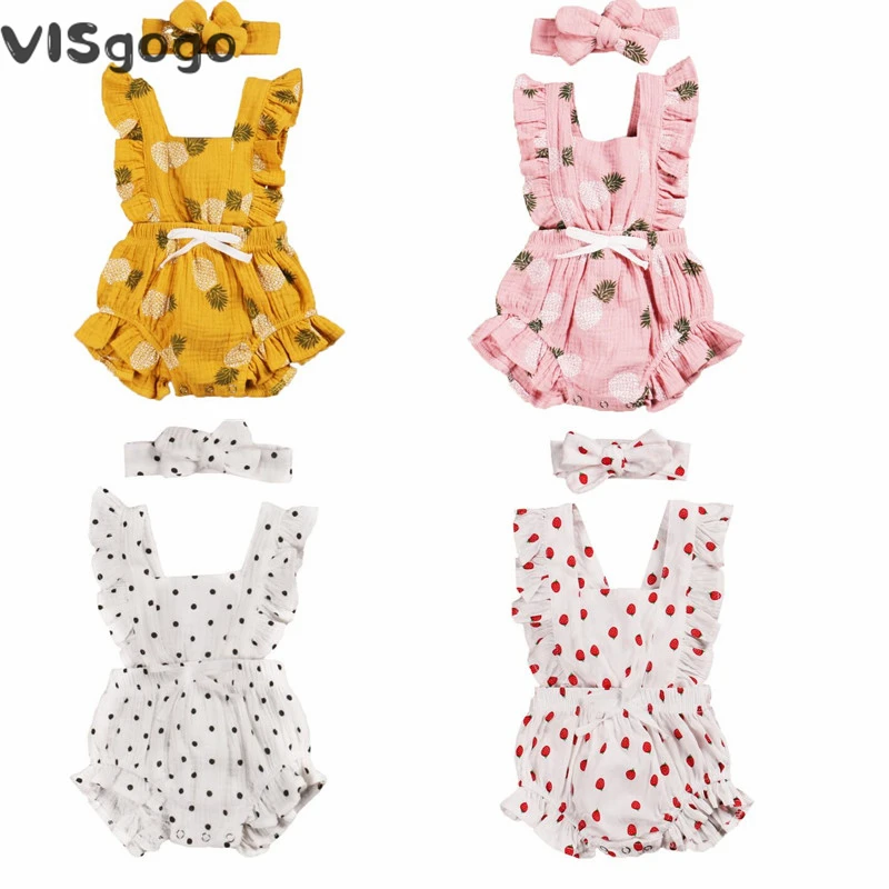 

VISgogo 0-24M Newborn Baby Girls Ruffles Romper Backless Flower Sunsuit Jumpsuits With Headband 2pcs Baby Summer Clothing