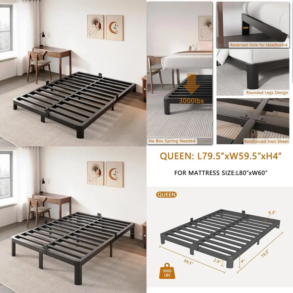 Marco de cama bajada de 4 pulgadas Queen, marco de cama Queen de perfil bajo, No necesita somier con tapones de colchón, cabecero DIY, resistente S