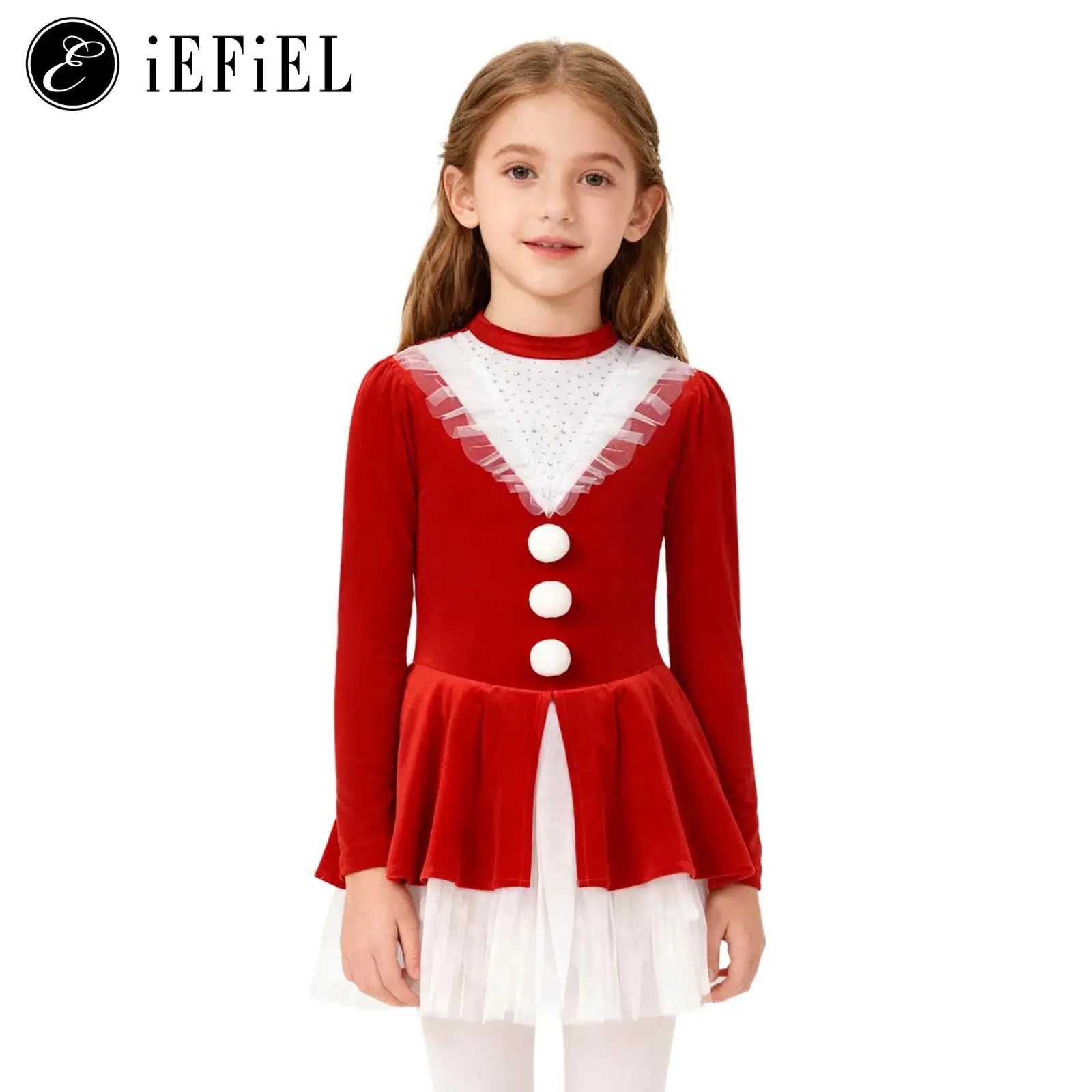

Girls Christmas Figure Ice Skating Dress Sparkly Rhinestone Long Sleeve Cutout Leotard Tutu Skirts Miss Santa Dress-up
